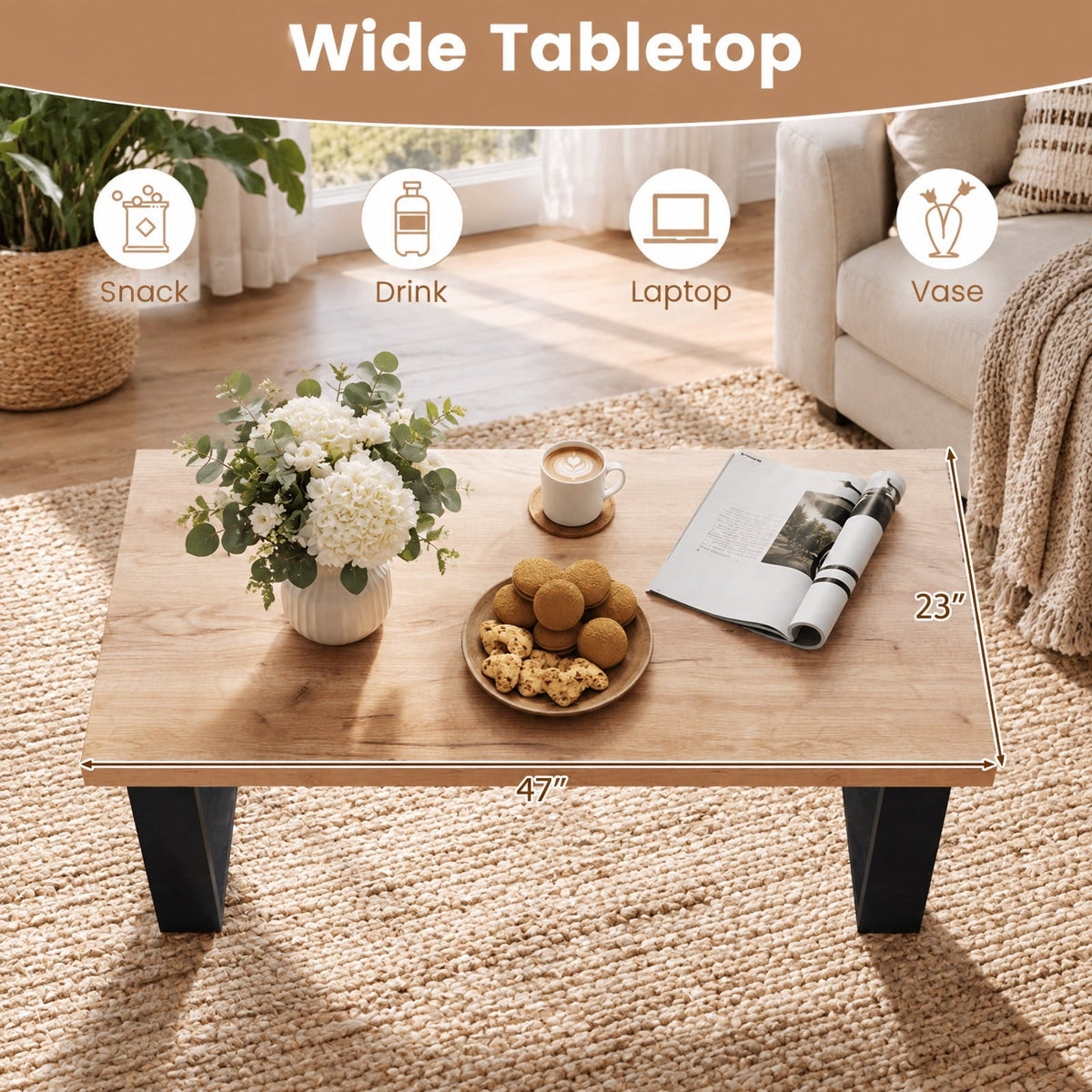 Airfind 47 inch Farmhouse Style Rustic Coffee Table with Thickened Tabletop and Natural Wood Texture, 176 lbs Capacity, Engineered Wood Frame, Oak
