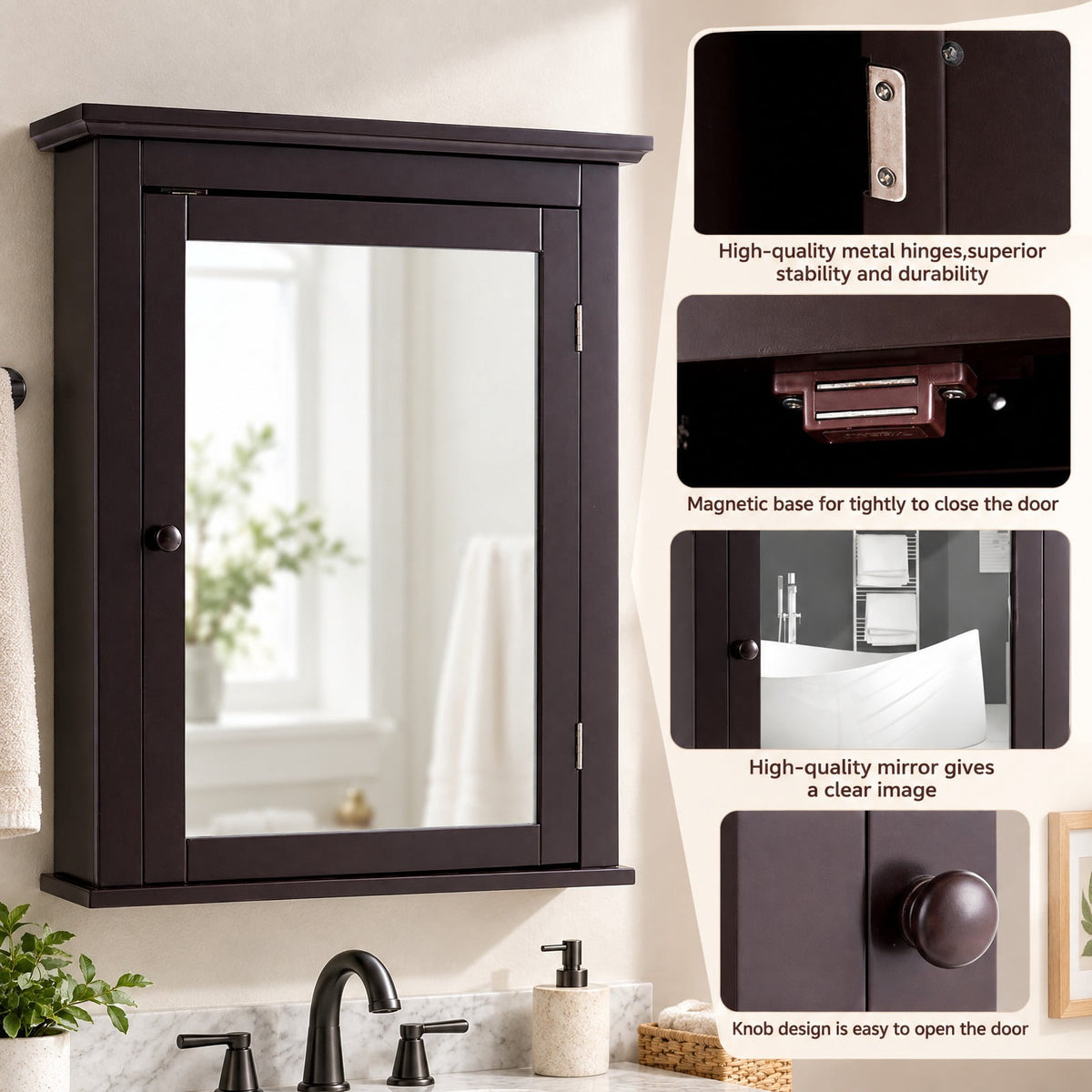 Airfind Bathroom Wall Mounted Storage Mirror Medicine Cabinet, 11 lbs Capacity, MDF and glass Frame, 22 x 6 x 27.5 Footprint, Brown