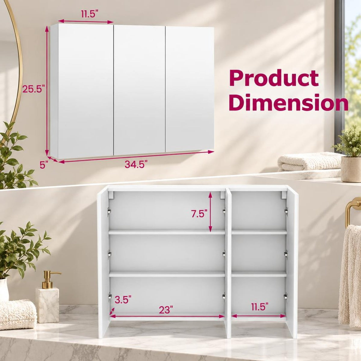 Airfind Frameless Bathroom Wall Mounted Mirror Cabinet with 3 Doors, Engineered Wood Glass Frame, 34.5 Inch x 5 Inch x 25.5 Inch (L x W x H). Footprint, White