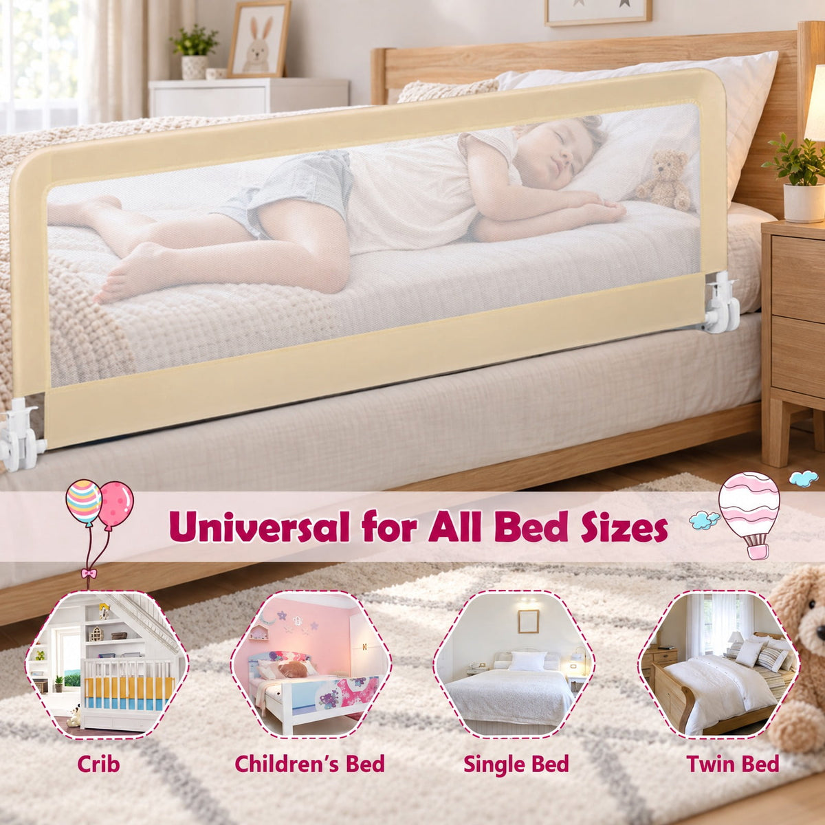Airfind 59 Inch Folding Breathable Child Bed Rail Guard with Safety Strap, Metal Oxford Cloth Mesh with Metal Oxford Cloth Mesh Fabric, Unspecified