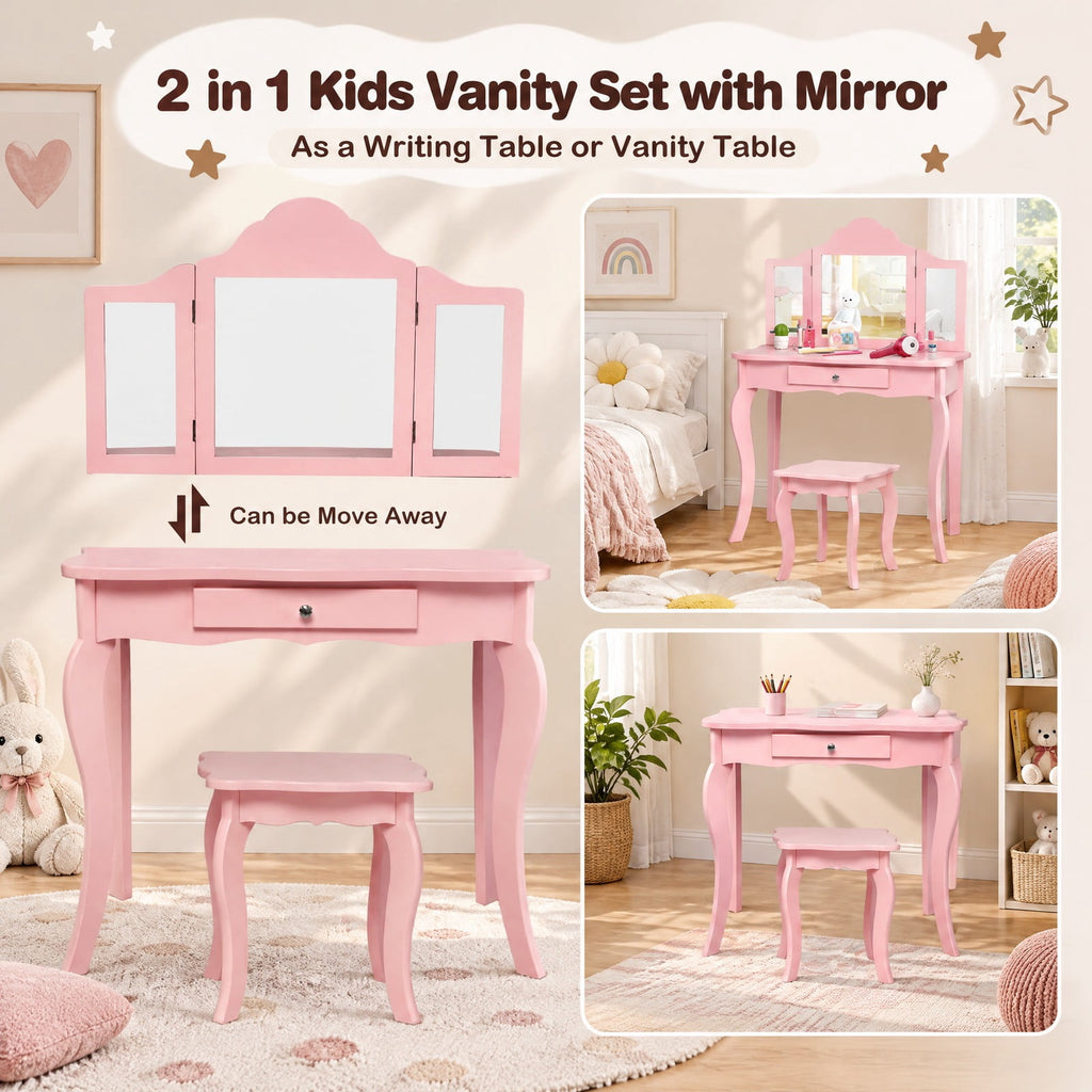 Airfind Kids Makeup Dressing Mirror Vanity Table Stool Set, 33 lbs Capacity, MDF Frame, 27.5 x 13.5 x 41 Footprint, Pink