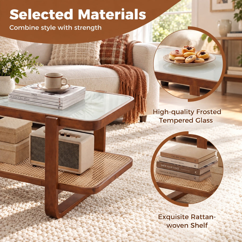 Airfind Coffee Table, Rattan Table with Tempered Glass Top and Storage Shelf, 220 lbs Capacity, Tempered Glass PE Rattan Plywood Frame, Walnut