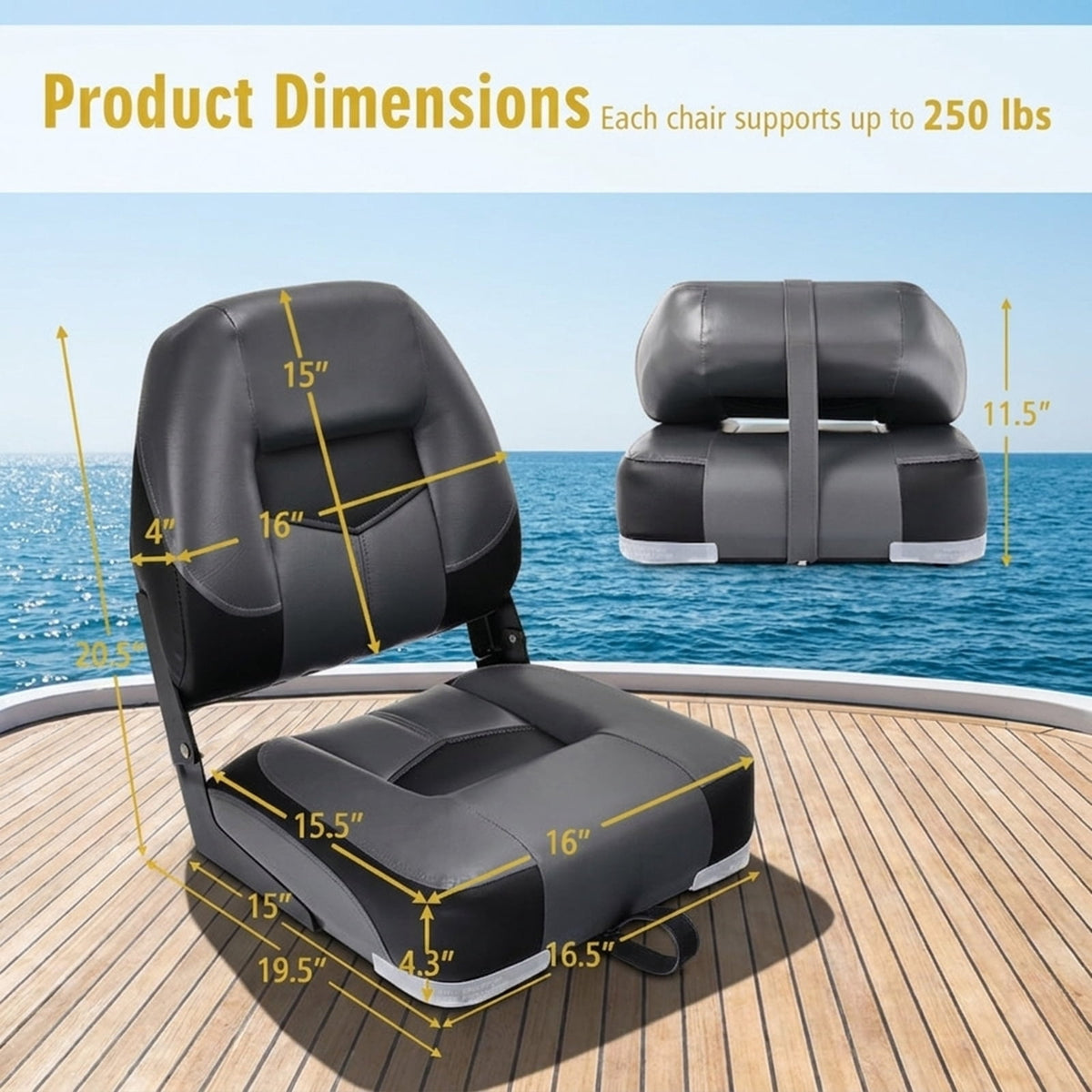 Airfind Set of 2 Folding Low Back Fishing Boat Seats with 4.3 Inch Padding and Stainless Steel Screws, Weatherproof Marine Seats, Black