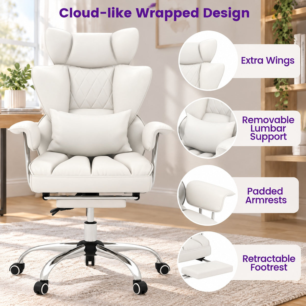 Airfind PU Leather Home Office Chair 400 lbs High Back Executive Chair, 400 lbs Capacity, PU Leather Sponge Pocket Spring Plywood Metal Frame, White