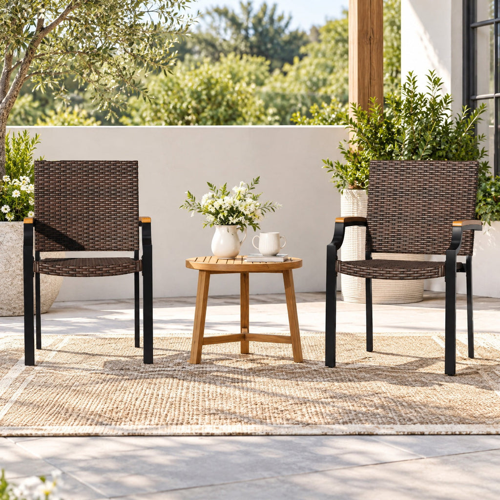 Airfind Stacking Wicker Chairs Set of 2 Patio Rattan Dining Chairs with Acacia Wood Armrests, 400 lbs Capacity, Metal PE Rattan Frame, Wood