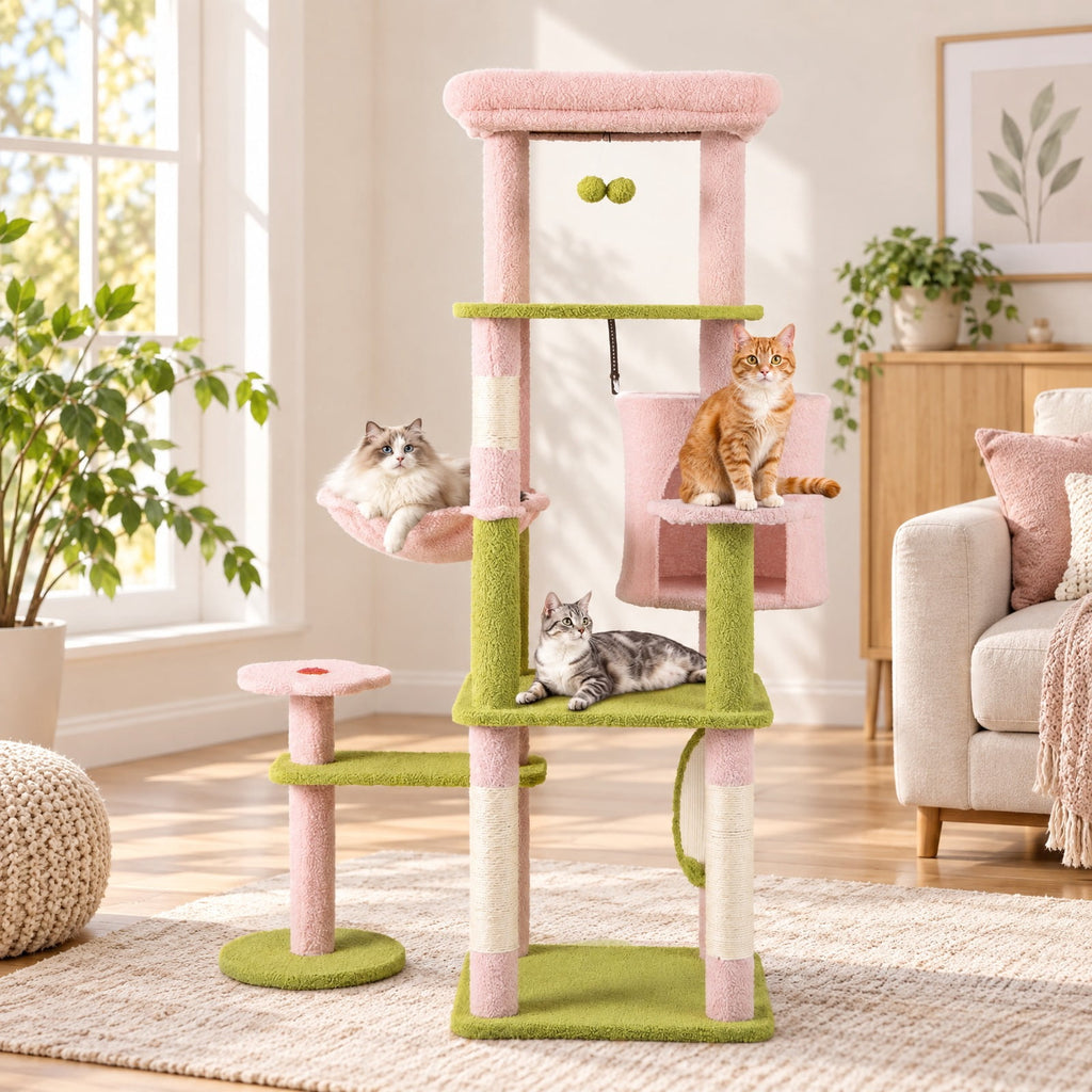 Airfind 58 Inch Tall Multi-Level Cat Tree Aesthetic Floral Kitten Tower, Teddy Plush Fabric Sisal Engineered Board Frame, Pink