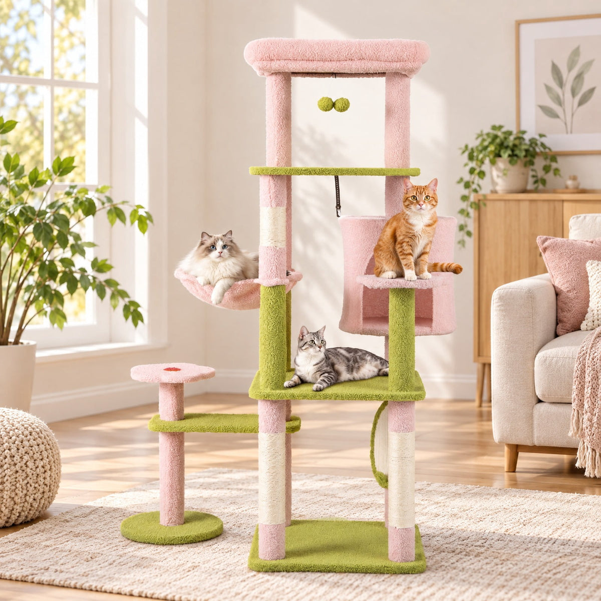 Airfind 58 Inch Tall Multi-Level Cat Tree Aesthetic Floral Kitten Tower, Teddy Plush Fabric Sisal Engineered Board Frame, Pink