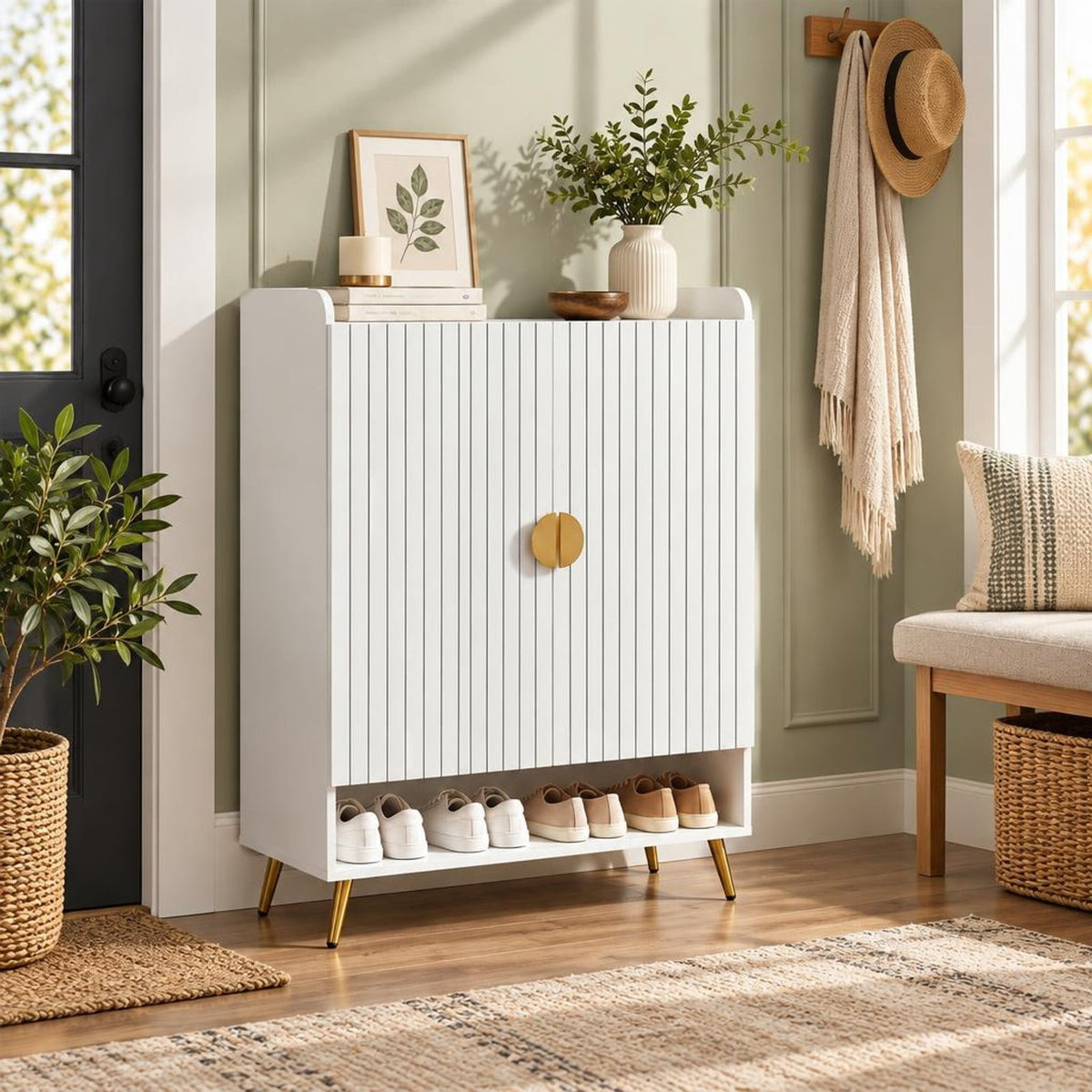 Airfind 44in Tall Shoe Storage Cabinet with 7-Tier Doors and Adjustable Shelves for Entryway, 110 lbs Capacity, Engineered Wood Metal Frame, White
