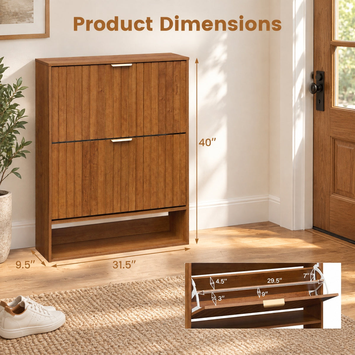 Airfind Fluted Hidden Shoe Cabinet with 2 Flip Drawers and Open Storage, 55 lbs Capacity, Engineered Wood Frame, 31.5in x 9.5in x 40in Footprint