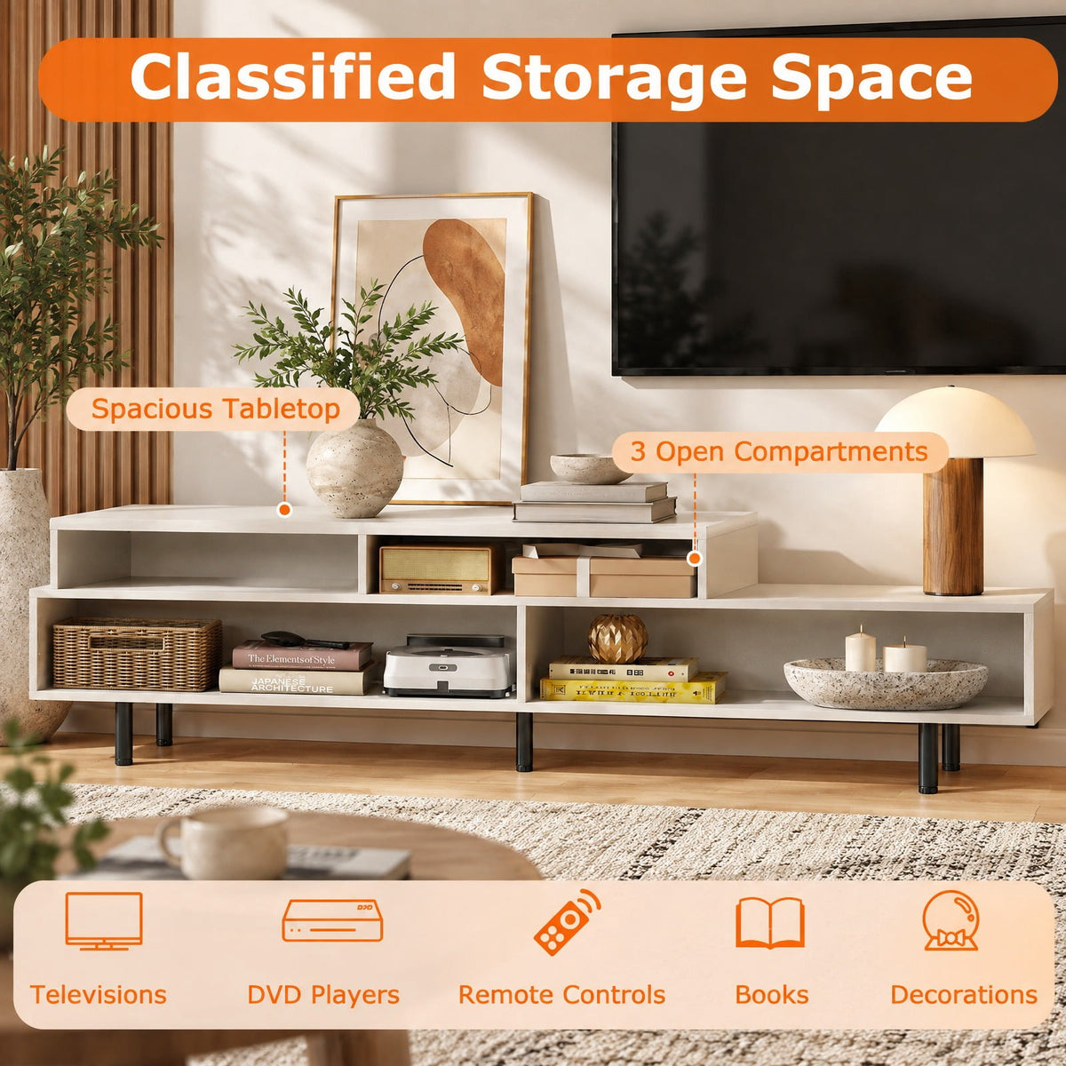 Airfind 3 Cubby TV Stand for TVs up to 70 Inch with Open Storage Compartments, 155 Lbs Capacity, Engineered Wood MDF Metal, White