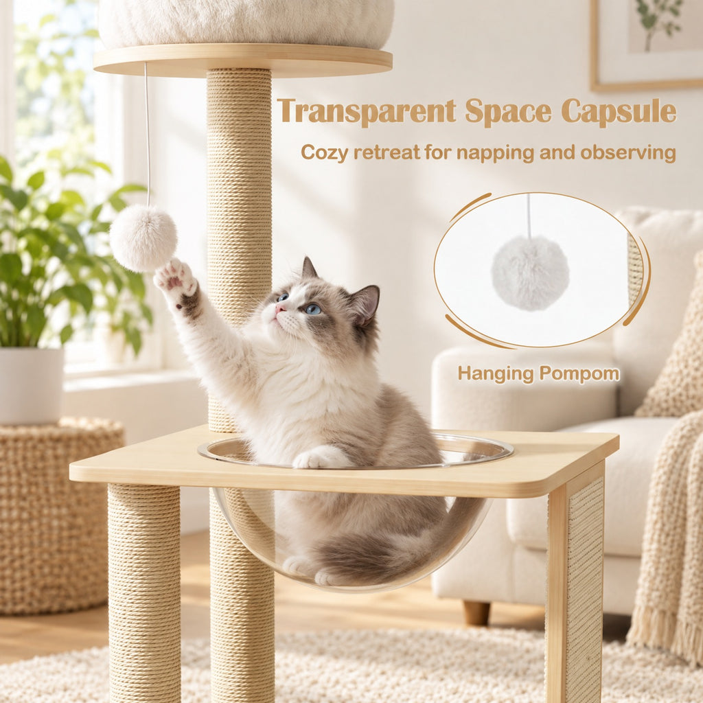 Airfind 40 Inch Solid Wood Cat Tree featuring Space Capsule and Sisal Posts and Scratching Board, 23.5 Inch x 21 Inch x 40 InchBase Footprint, Natural