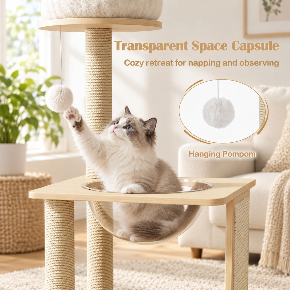 Airfind 40 Inch Solid Wood Cat Tree featuring Space Capsule and Sisal Posts and Scratching Board, 23.5 Inch x 21 Inch x 40 InchBase Footprint, Natural