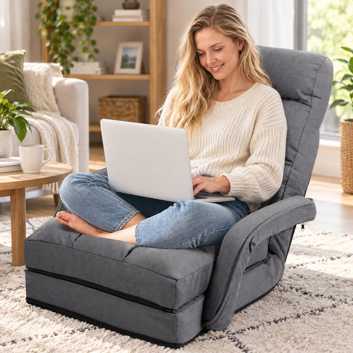 Airfind Folding Lazy Floor Chair Sofa with Armrests and Pillow, Linen-like cloth steel sponge Frame, 22in x 26in x 29in Footprint, Gray