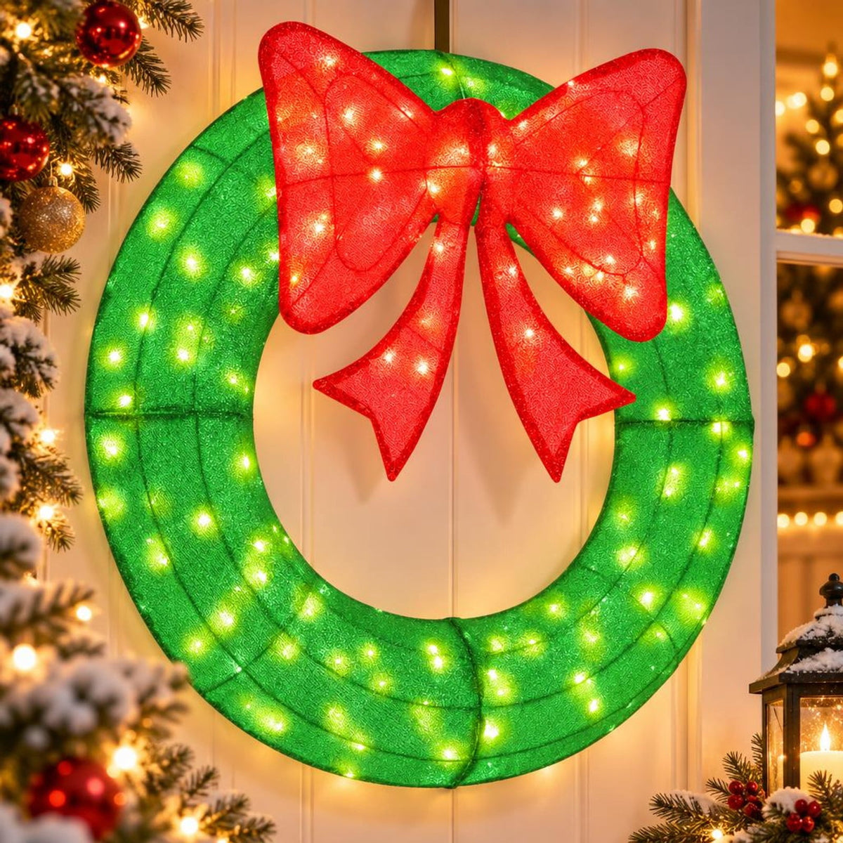 Airfind 48 Inch Pre-Lit Lighted Christmas Mesh Wreath with Bow and 200 LED Bulbs, Metal Mesh Fabric Frame, 29 x 30 Footprint, Green