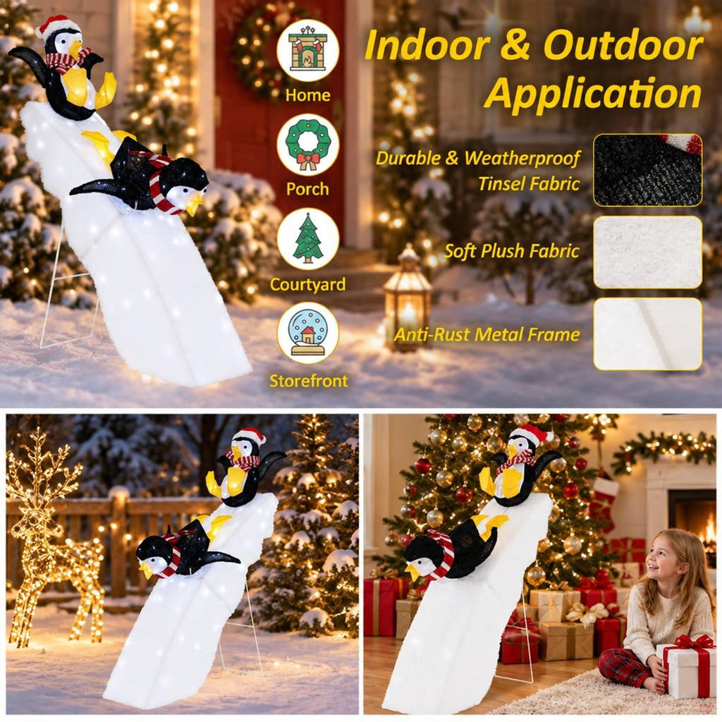 Airfind 4 Feet Christmas Penguin Ice Skating Decor with Snowy Slide, Tinsel Fabric Plush Fabric Metal Frame, Black+White+Yellow