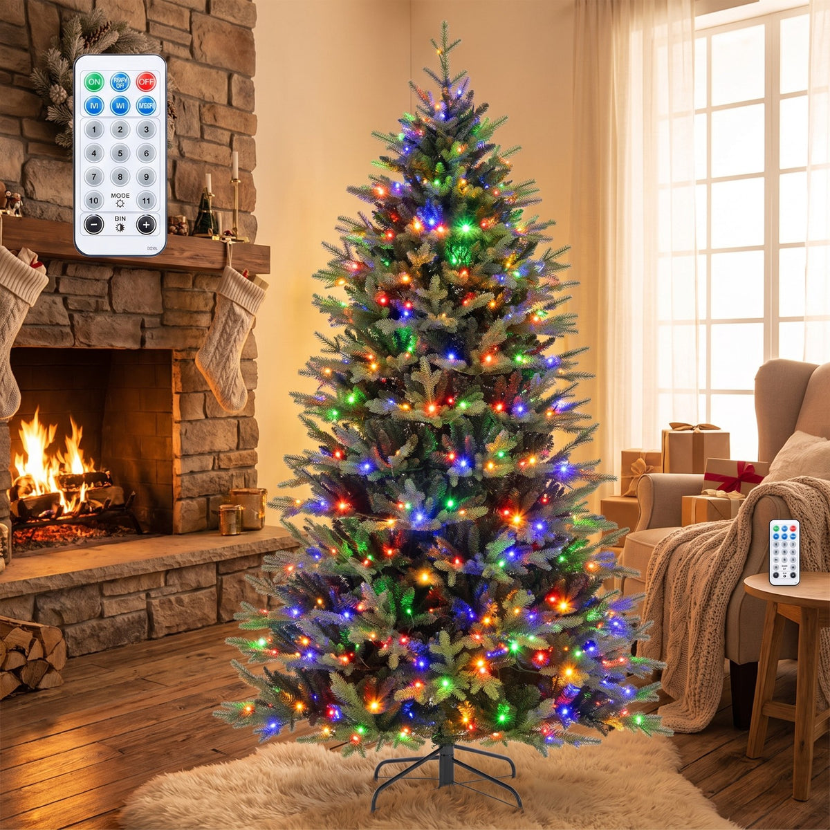 Airfind 7 Feet Artificial Xmas Tree Hinged with 11 Lighting Modes and Remote Control-7 ft, Green, Diameter of Stand 18/20/22