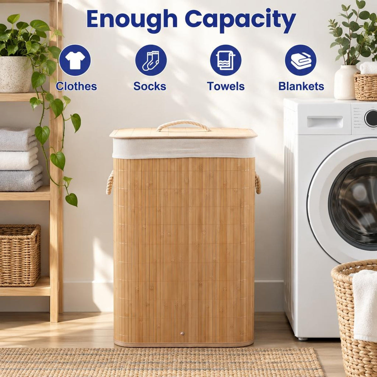 Airfind 19 Gal Bamboo Clothes Hamper with Removable Liner and Portable Handles, 33 lbs Capacity, Bamboo Polyester Cotton Metal Engineered Wood Frame