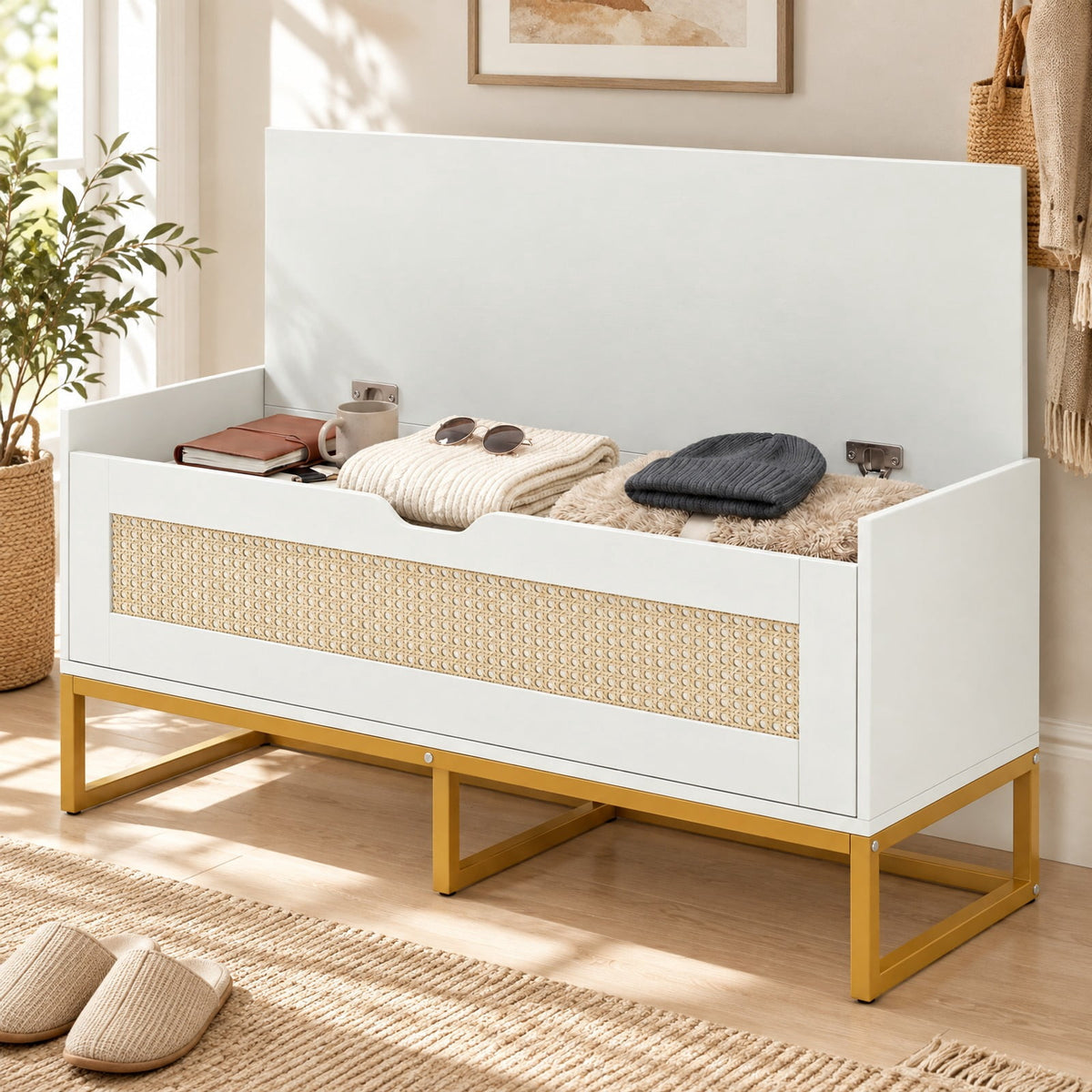 Airfind 39.5in Rattan Storage Chest Wicker Shoe Bench with Padded Seat Flip-Top, 440 lbs Capacity, Engineered Wood PE Rattan Metal Frame, White