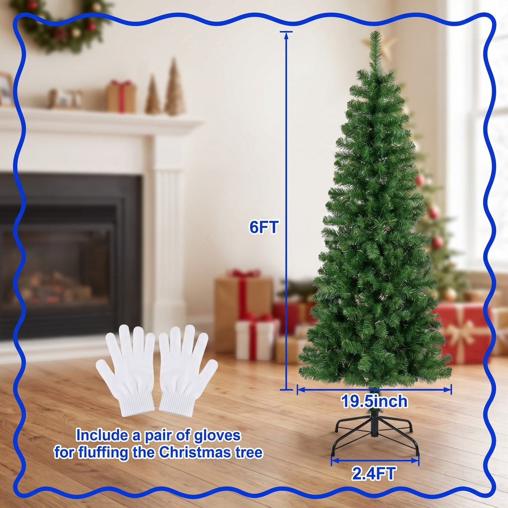 Airfind 6 Feet Pre-Lit Artificial Christmas Pencil Tree with 648 PVC PE Branch Tips, PVC PE metal Frame, 29.13 x 29.13 x 70.87 inch Footprint, Green