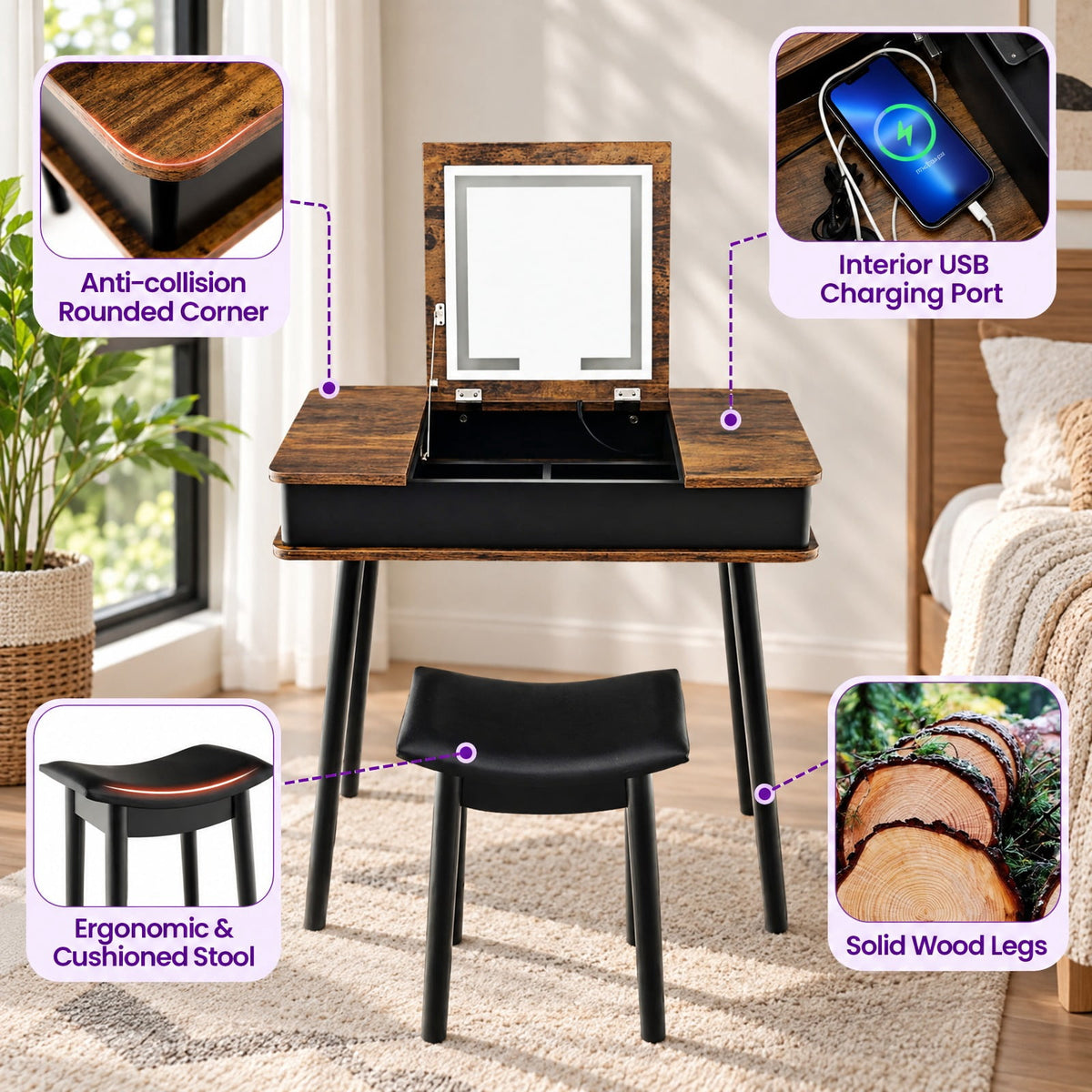 Airfind Vanity Table Set with Flip Top Mirror Lights USB Writing Desk and Stool, 99 Lbs Capacity, MDF Pine Wood Glass Sponge PU Leather, Brown
