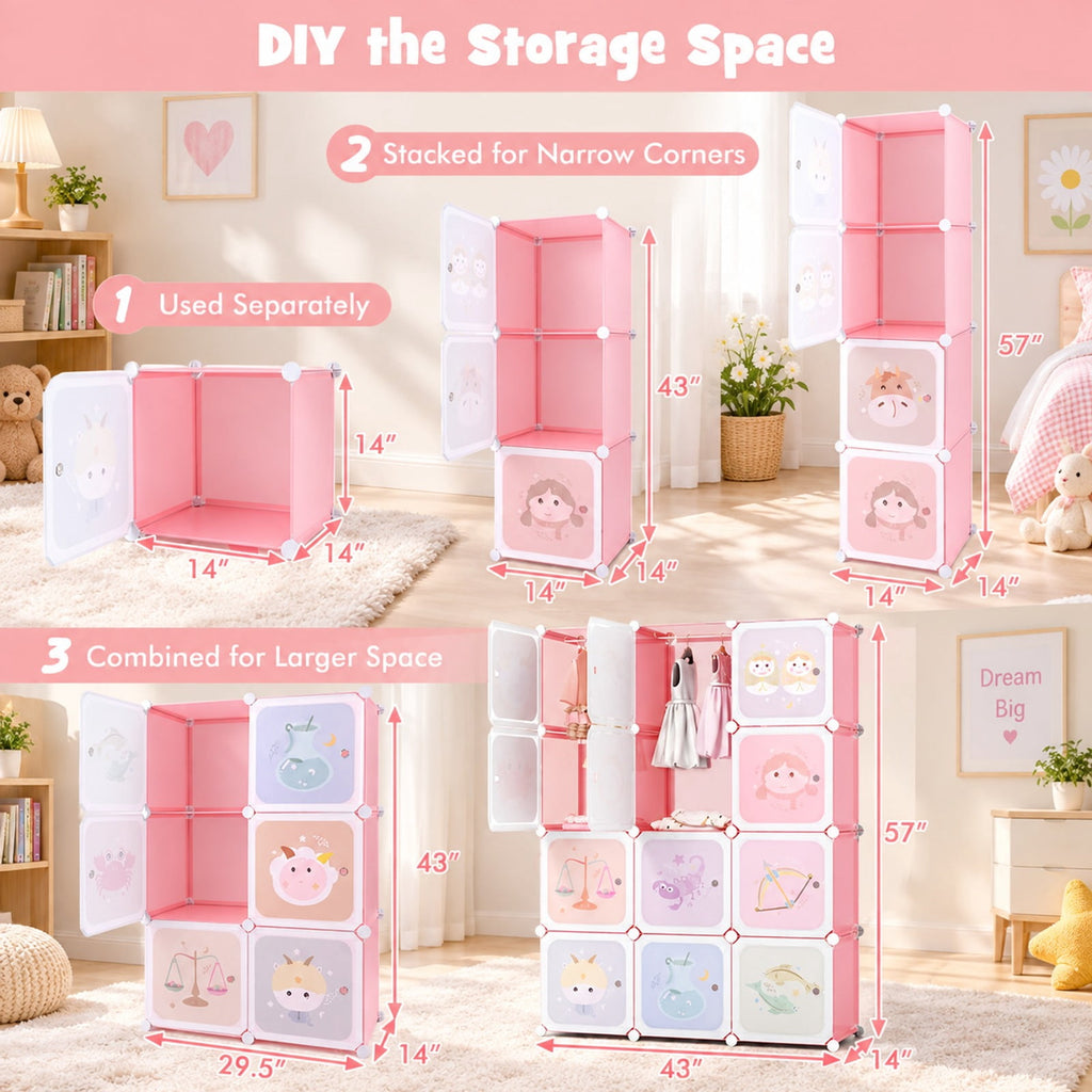 Airfind 12 Cube Kids Wardrobe Closet with Hanging Section and Doors, PP Metal Frame, 43 Inch x 14 Inch x 57 Inch Footprint, Pink