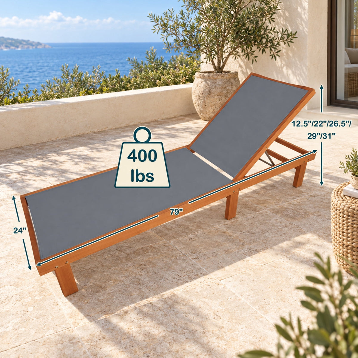 Airfind 5-Postion Backrest Adjustable Outdoor Wood Chaise Lounge Chair-2, 400 lbs Capacity, Fabric eucalyptus wood steel Frame, Wood