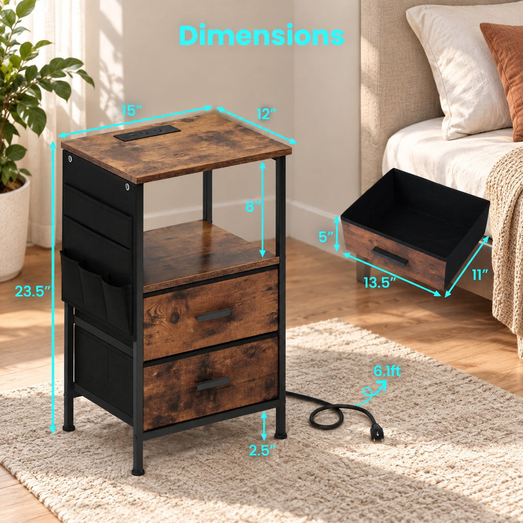 Airfind End Table with Charging Station Set of 1 Nightstand with 2 Folding Fabric Drawers, 110 lbs Capacity, Rustic Brown + Black