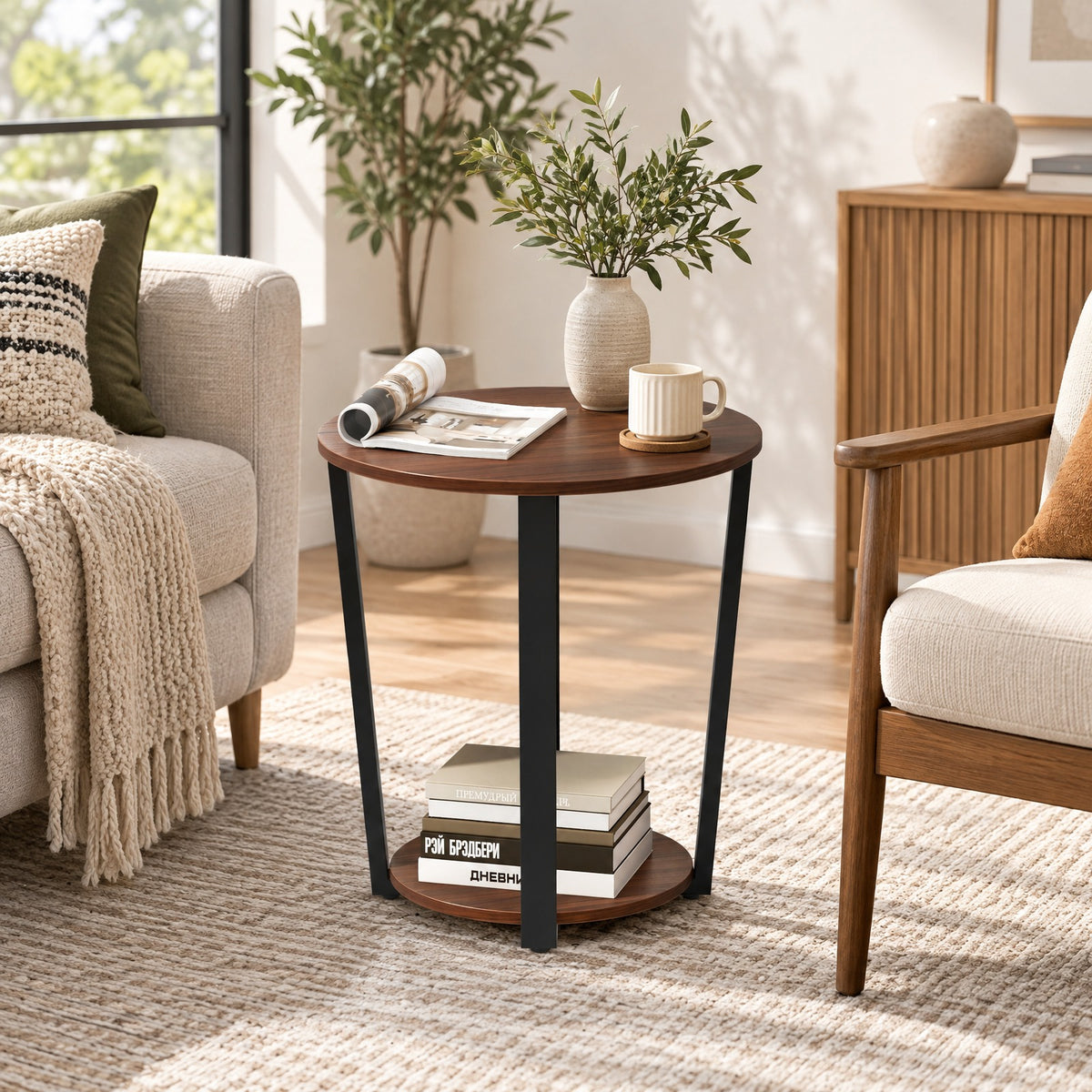 Airfind End Table, Round, with Open Shelf and Metal Frame, 66 lbs Capacity, Engineered Wood Metal Frame, 19.5 Inch x 19.5 Inch x 22.5 Inch Footprint, Walnut