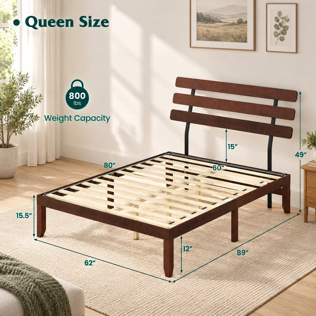 Airfind Queen Size Bed Frame 15.5 Inch Solid Wood Platform Bed with Retro Headboard, 550 lbs Capacity, Plywood Rubber Wood Metal Frame, Wood