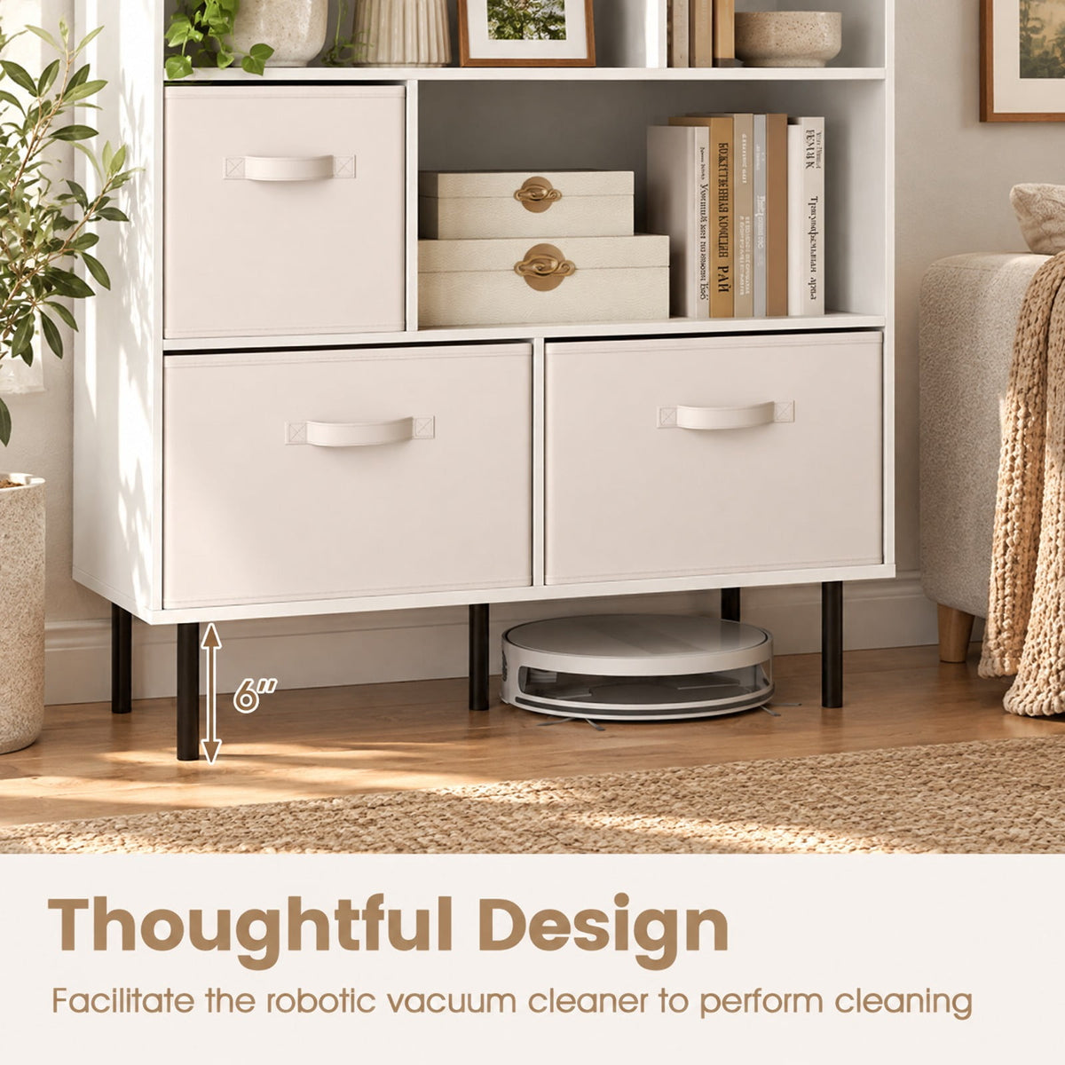 Airfind 6-Cube Bookshelf with 3 Removable Folding Fabric Drawers for Living Room, 330 lbs Capacity, Metal Engineered Wood Frame, White