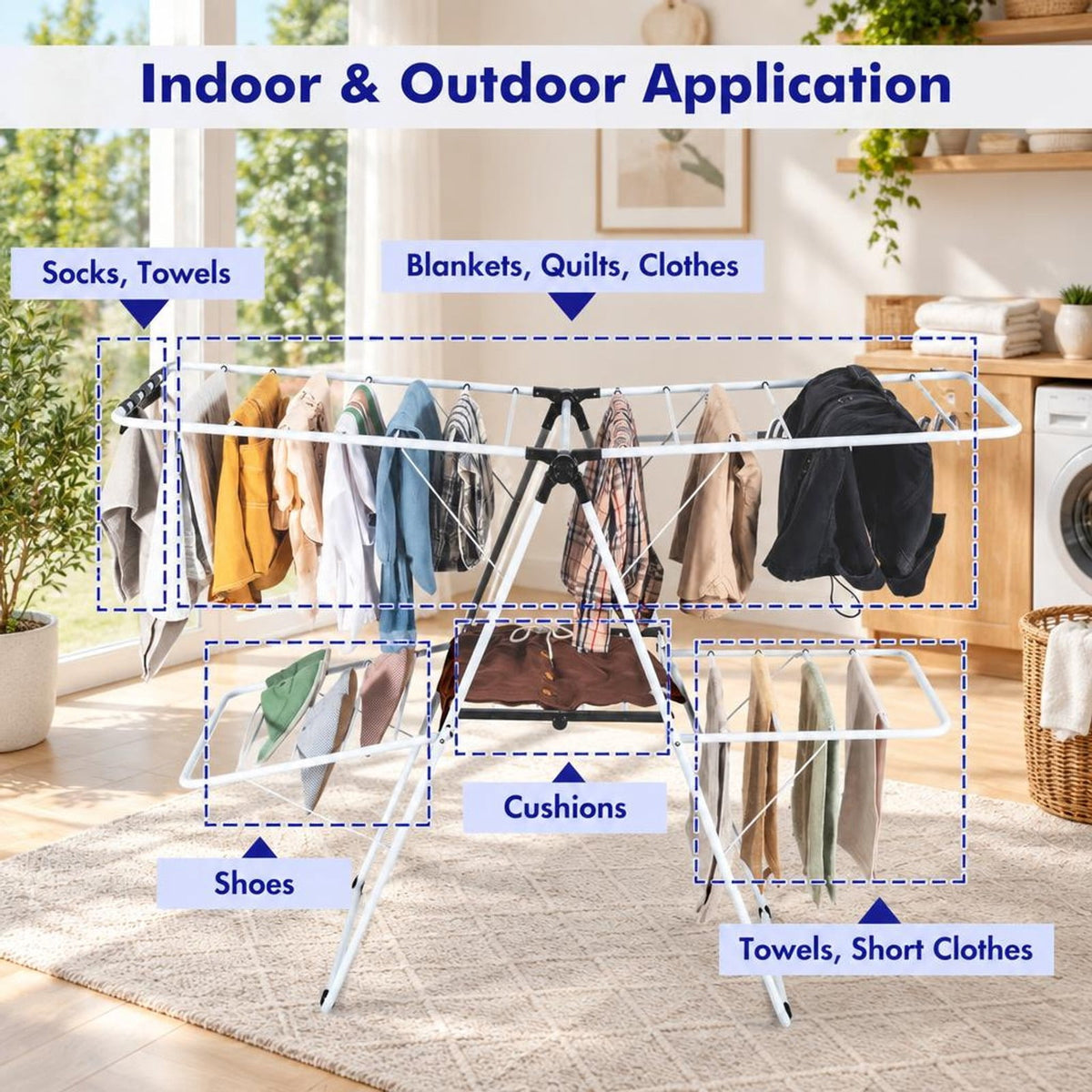 Airfind 2-Tier Foldable Clothes Drying Rack with Adjustable Gullwing, 80 lbs Capacity, Steel Plastic Frame for Everyday Use, White