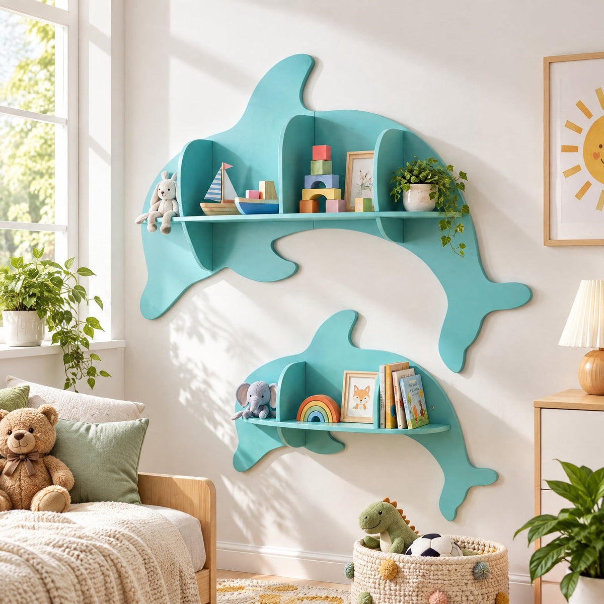 Airfind Floating Dolphin Shelves Wall Mounted Storage Display Rack, 11 lbs Capacity, MDF Frame, 38 x 6 x 27 Footprint, Blue