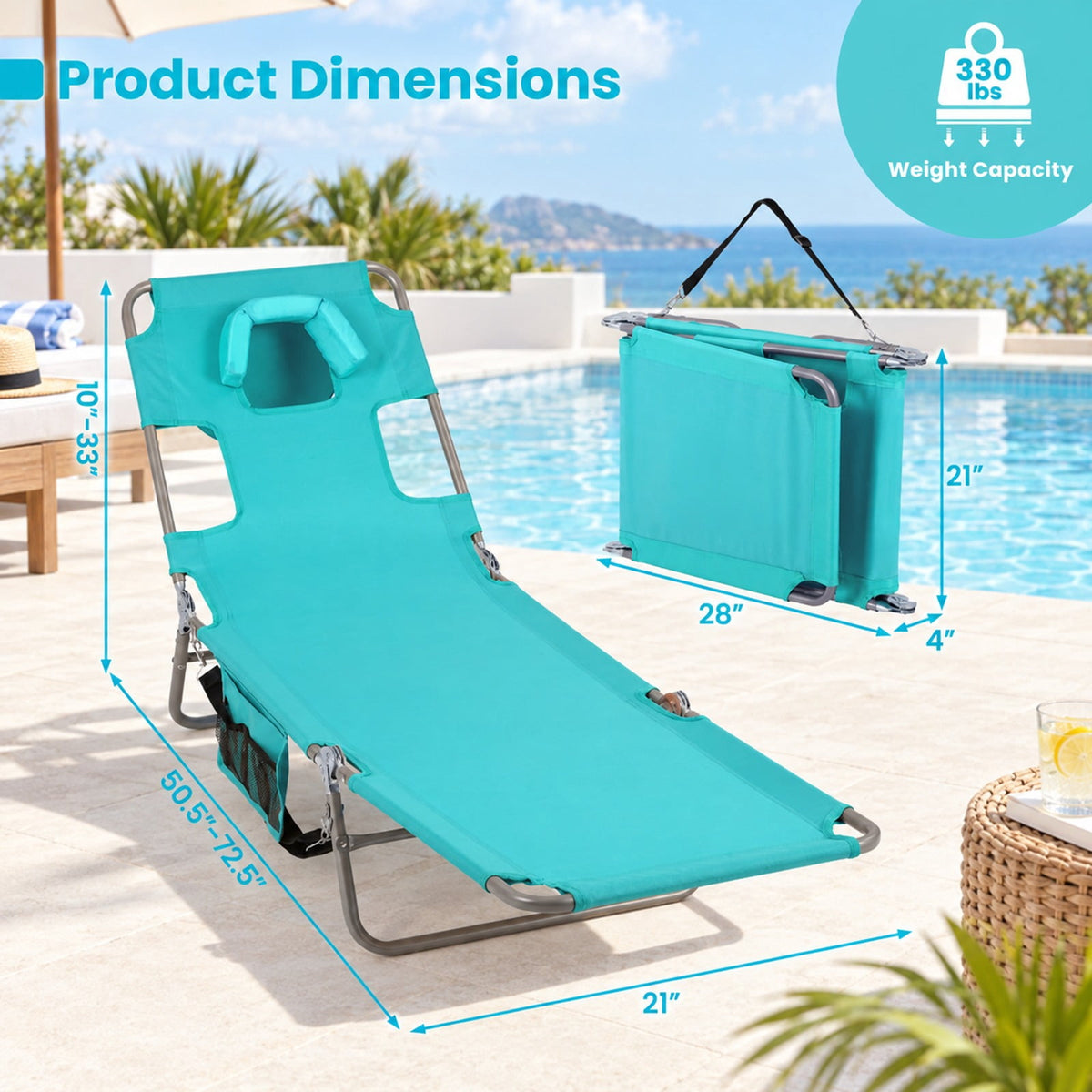 Airfind Folding Beach Lounge Chair with Adjustable Backrest for Lawn, 330 lbs Capacity, Metal Oxford Fabric Polyester Sponge Frame, Light Green