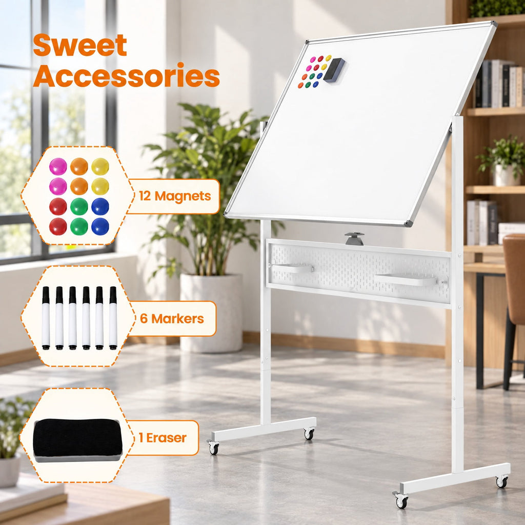 Airfind Mobile Whiteboard Adjustable Double-Sided Magnetic Board with Pegboard, Metal Aluminum Alloy PU Frame, 50 x 22 x 65.7 Footprint, White