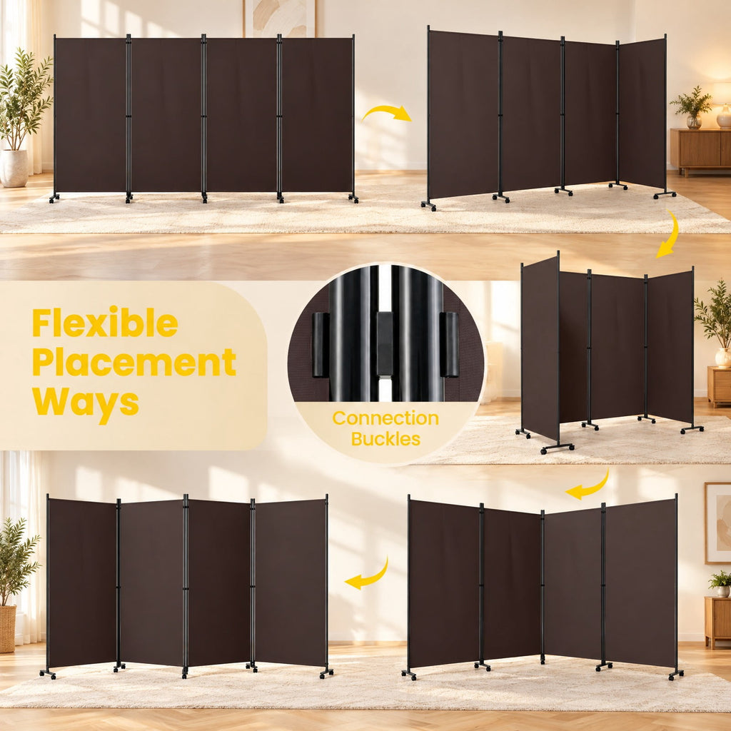 Airfind 4 Panel Folding Privacy Screen Room Divider with Wheels, Polyester Fabric Metal PP Frame, 137 x 12 x 71.5 Footprint, Brown