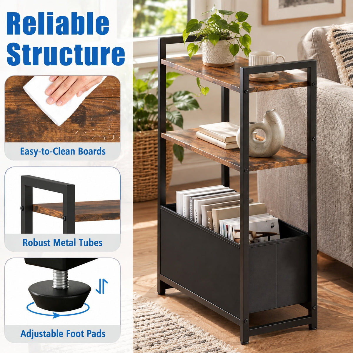 Airfind Narrow End Table with Storage Shelves and Metal Frame, 25 lbs Capacity, Engineered Wood Metal Fabric Frame, 19 x 8 x 25.5 Footprint