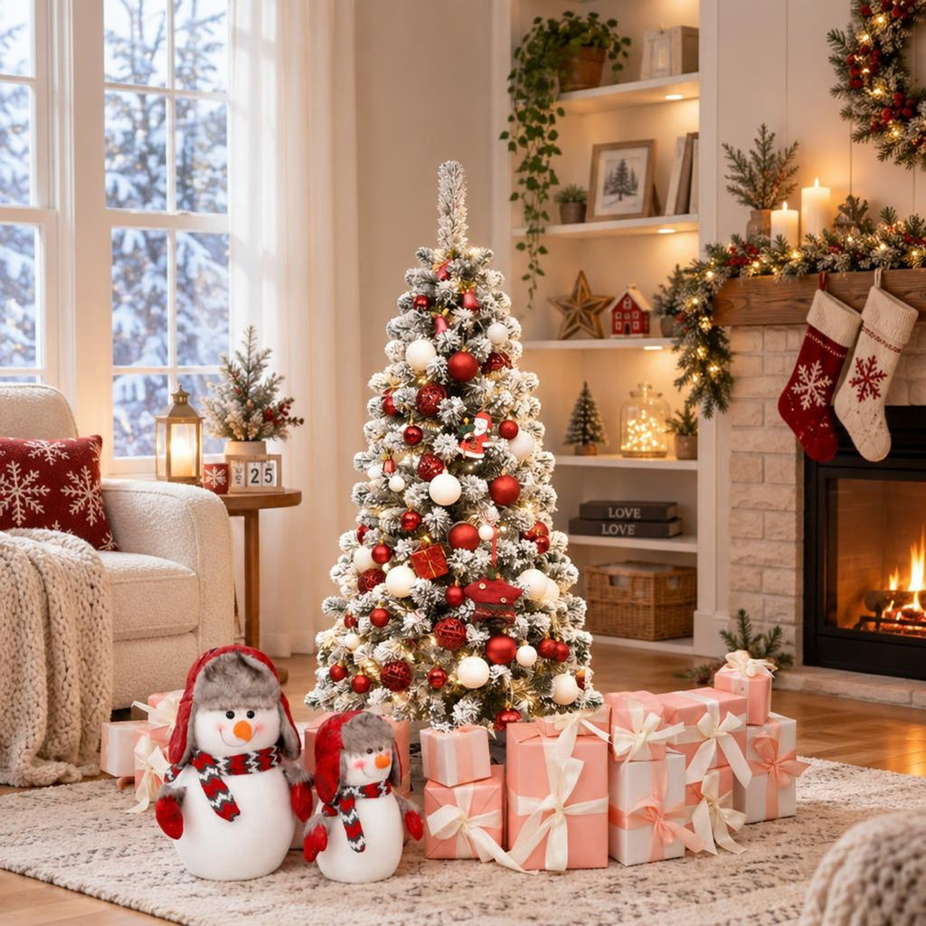 Airfind 4.5 Feet Pre-Lit Snow Flocked Pencil Christmas Tree with 150 LED Light, PVC metal Frame, Net weight 5.5 lbs Height: 4.5 ft Base: