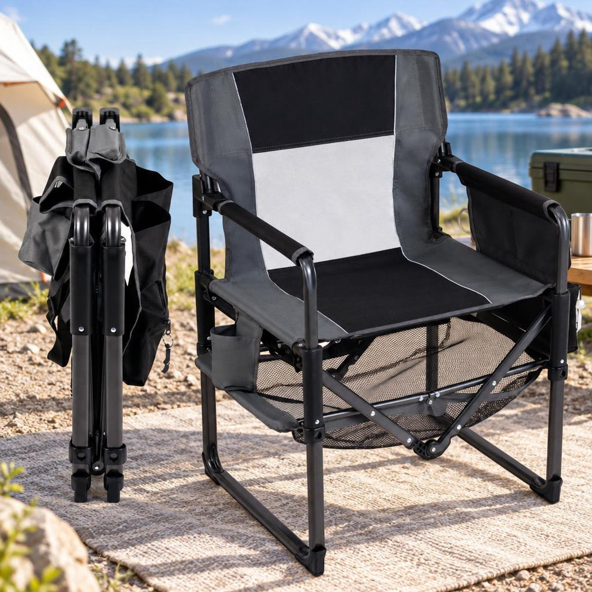 Airfind Heavy Duty Outdoor Camping Chair with Cup Holder and Side Pocket, 330 lbs Capacity, Metal Nylon Mesh PVC Fabric PP Frame, Black
