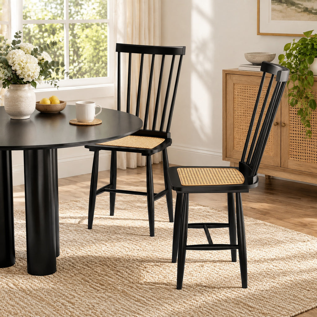 Airfind Farmhouse Solid Rubber Wood Dining Chairs Set of 2 with PE Rattan Seats, 420 lbs Capacity, Rubber Wood PE Rattan Frame, Black