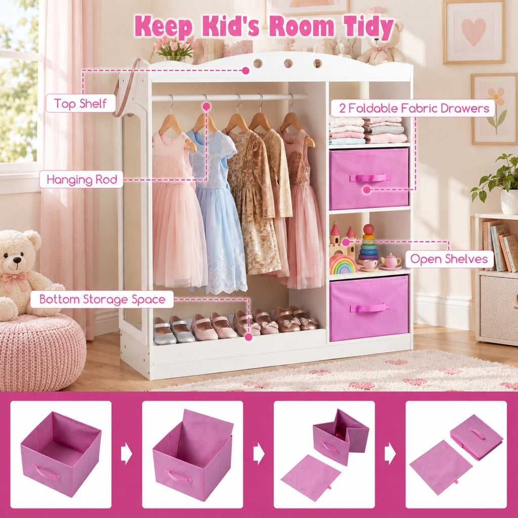 Airfind Kids Dress Up Storage with Full Length Mirror and Open Shelves, Engineered Wood Frame, for 3+ Years Old, 35.5in x 12in x 44in Footprint, White