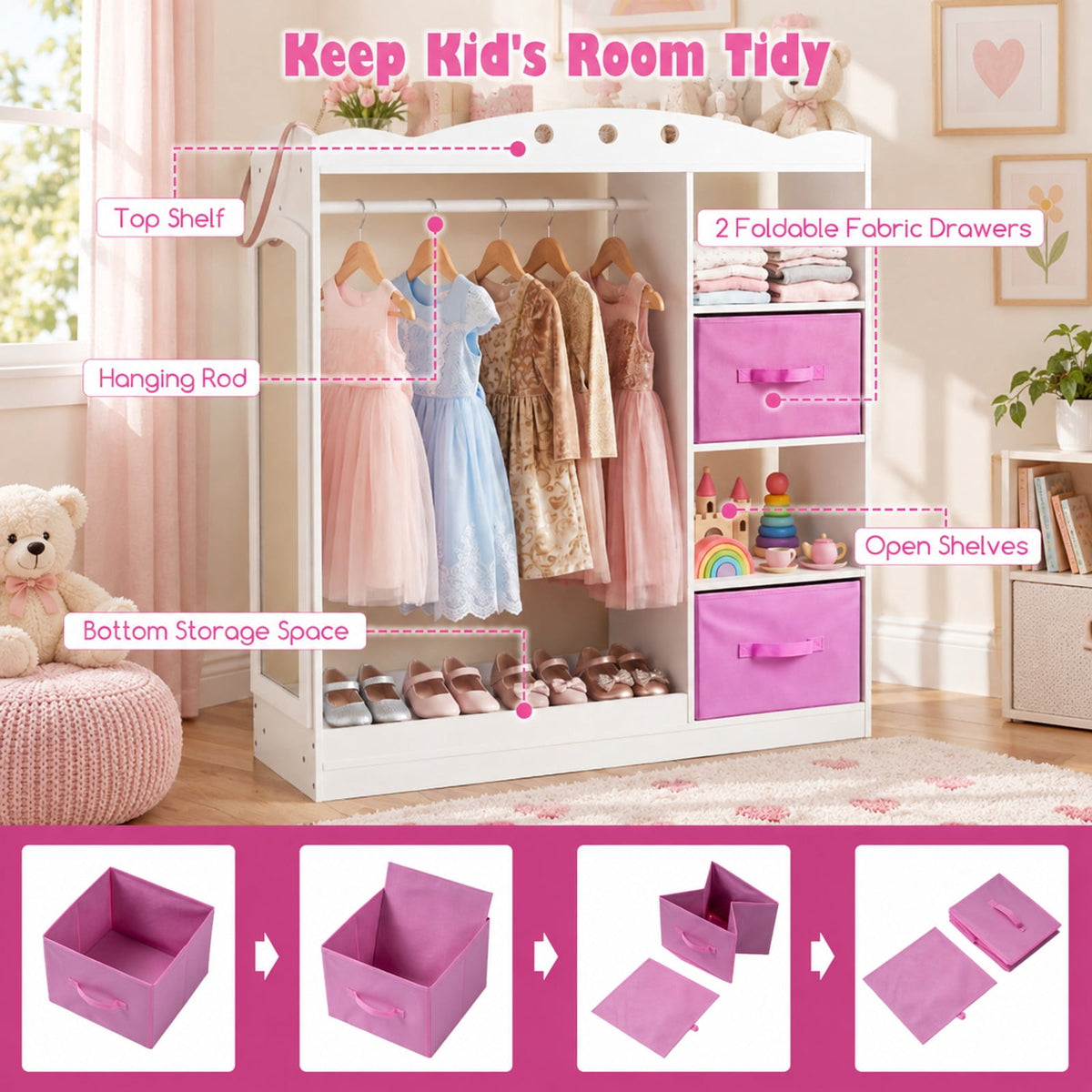 Airfind Kids Dress Up Storage with Full Length Mirror and Open Shelves, Engineered Wood Frame, for 3+ Years Old, 35.5in x 12in x 44in Footprint, White
