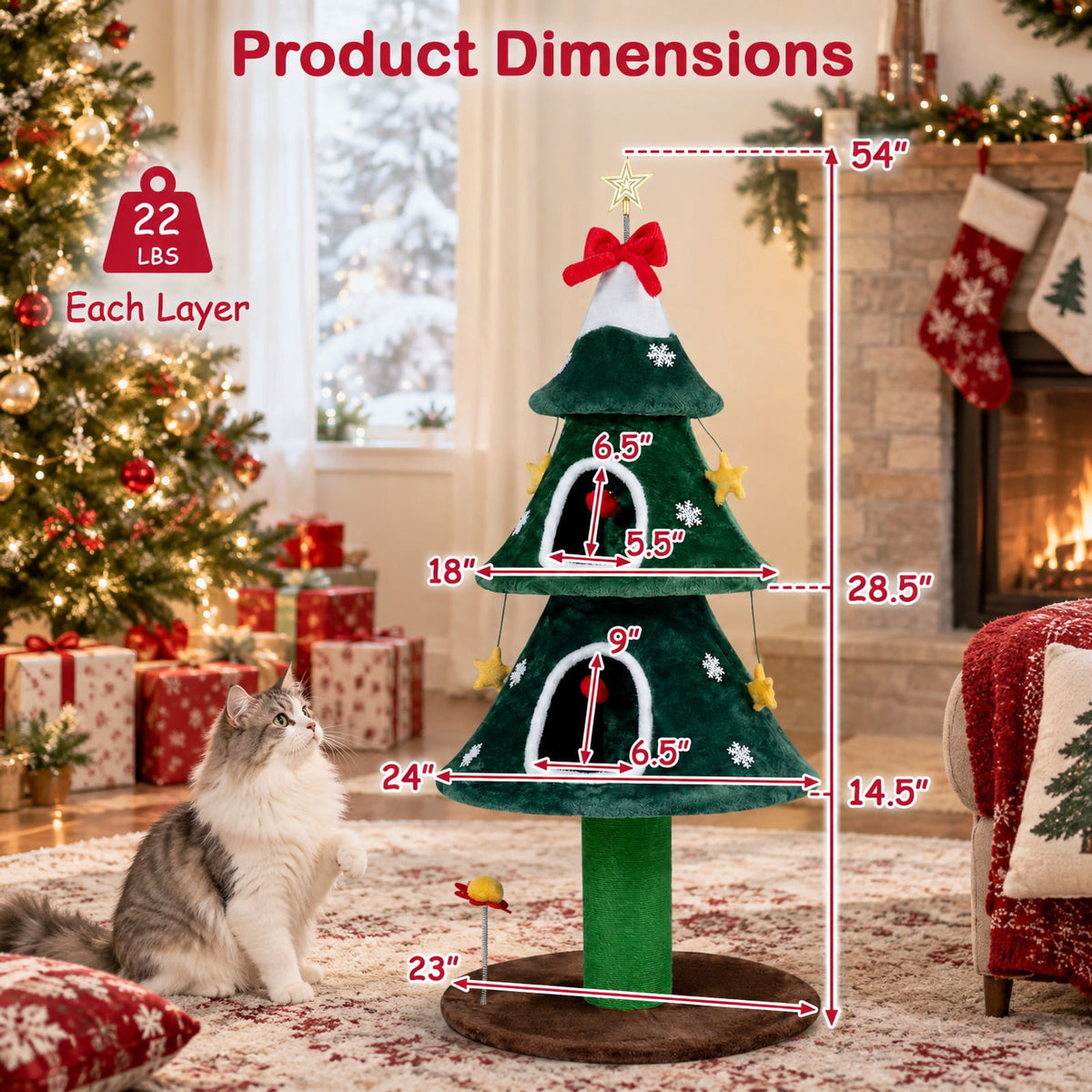 Airfind 54 Inch Christmas Cat Tree featuring 2 Private Condos for Indoor Cats, 22 lbs Capacity, Plush Fabric Frame, 23 Inch x 23 Inch x 54 Inch Footprint, Green