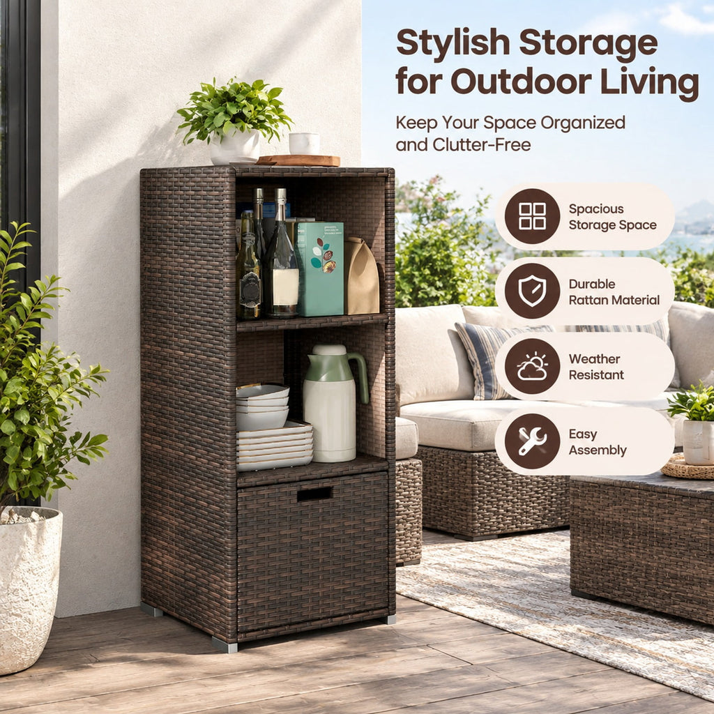 Airfind Outdoor Storage Cabinet Patio Wicker Organizer with Drawer, PE Rattan Metal Frame, 19.5 x 19.8 x 43 Footprint, Brown