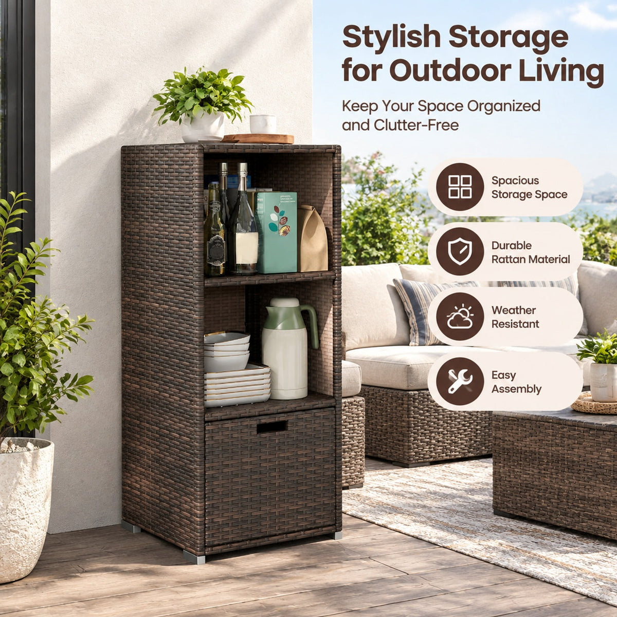 Airfind Outdoor Storage Cabinet Patio Wicker Organizer with Drawer, PE Rattan Metal Frame, 19.5 x 19.8 x 43 Footprint, Brown