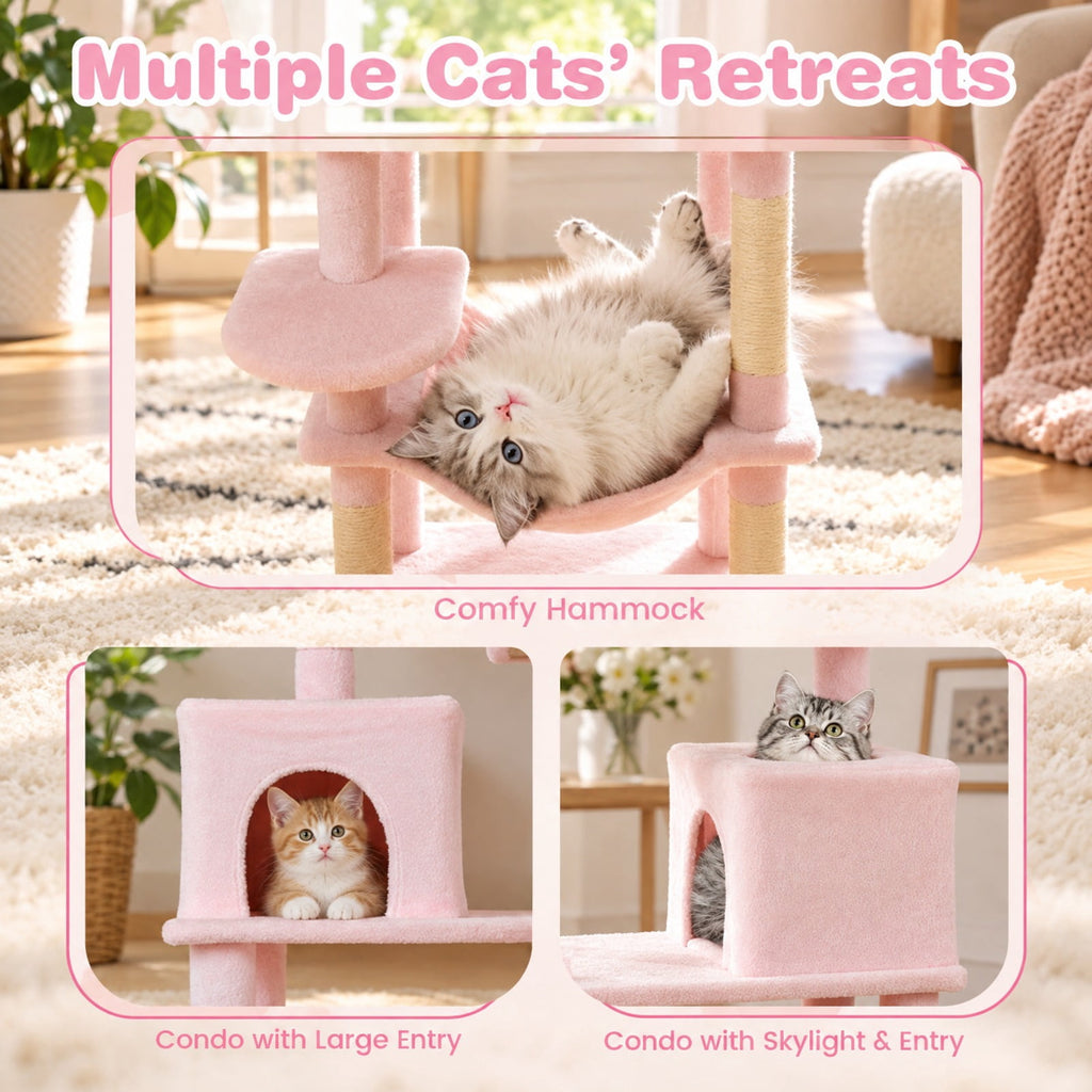 Airfind Multi-level Cat Tree Modern Cat Tower with Upholstered Perch and 2 Cat Condo, 24 x 18.5 Footprint, Pink