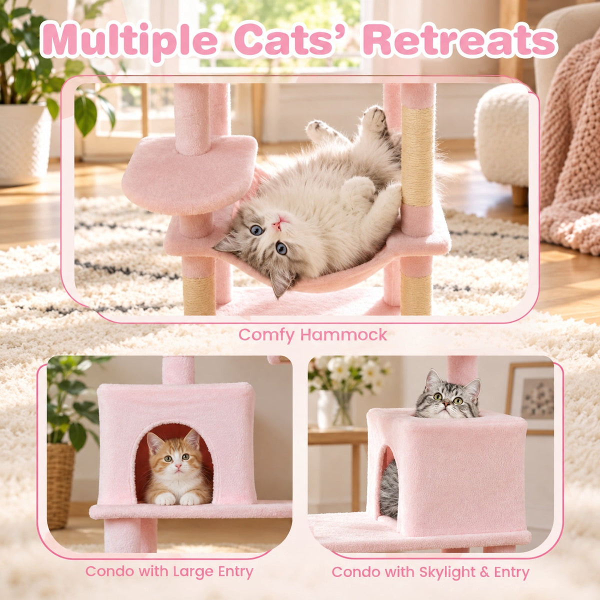 Airfind Multi-level Cat Tree Modern Cat Tower with Upholstered Perch and 2 Cat Condo, 24 x 18.5 Footprint, Pink