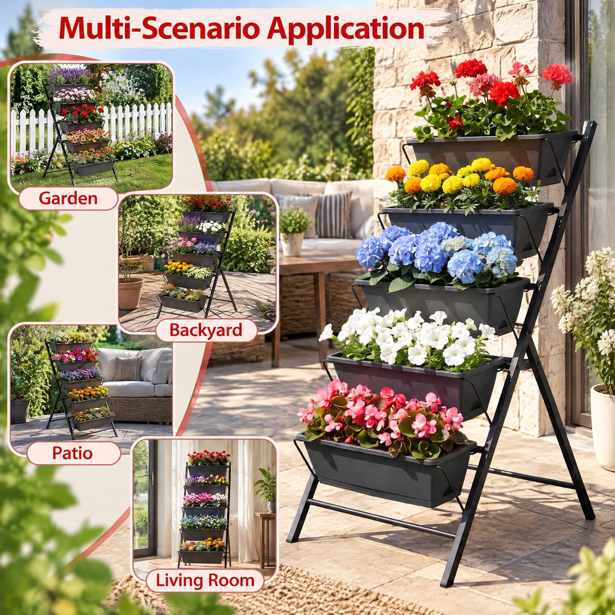 Airfind 5-Tier Vertical Raised Garden Bed with Drainage System and Removable Trays for Vegetables, 11 lbs Capacity, PP Metal Frame, Black