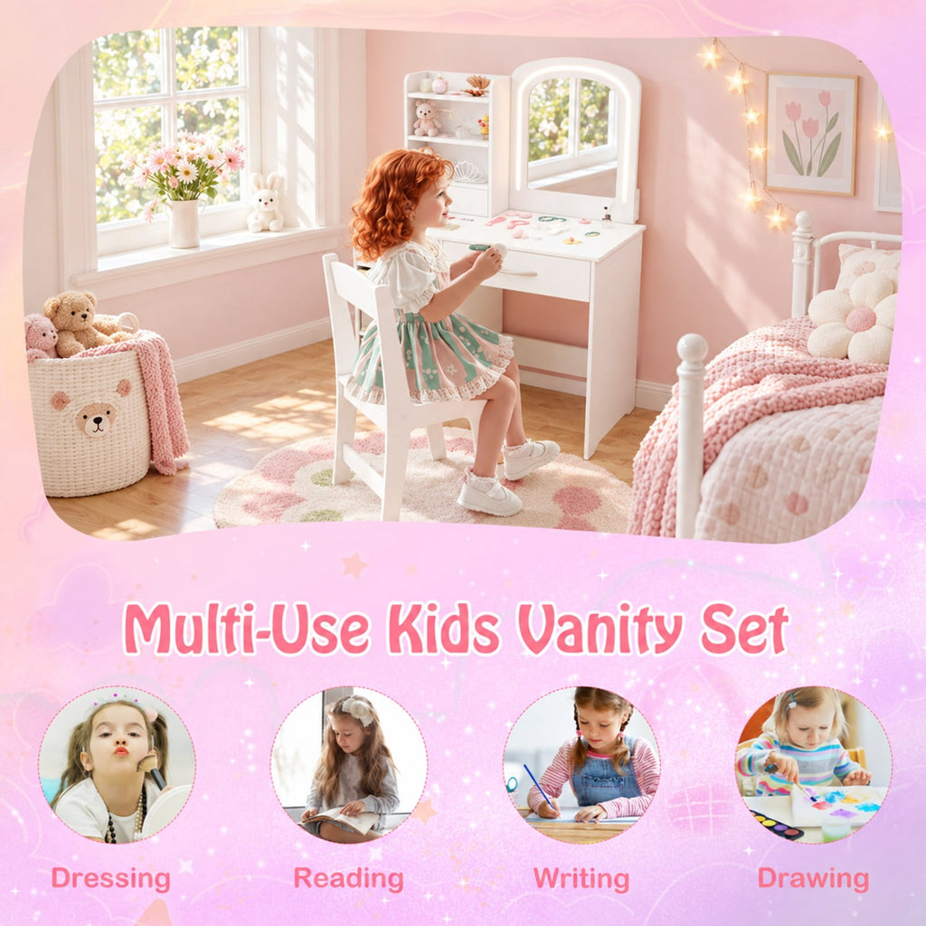 Airfind Kids Vanity Set with Lighted Mirror Makeup Desk and Chair Set with Drawers, 110 lbs Capacity, MDF Frame, for 3+ years old, White