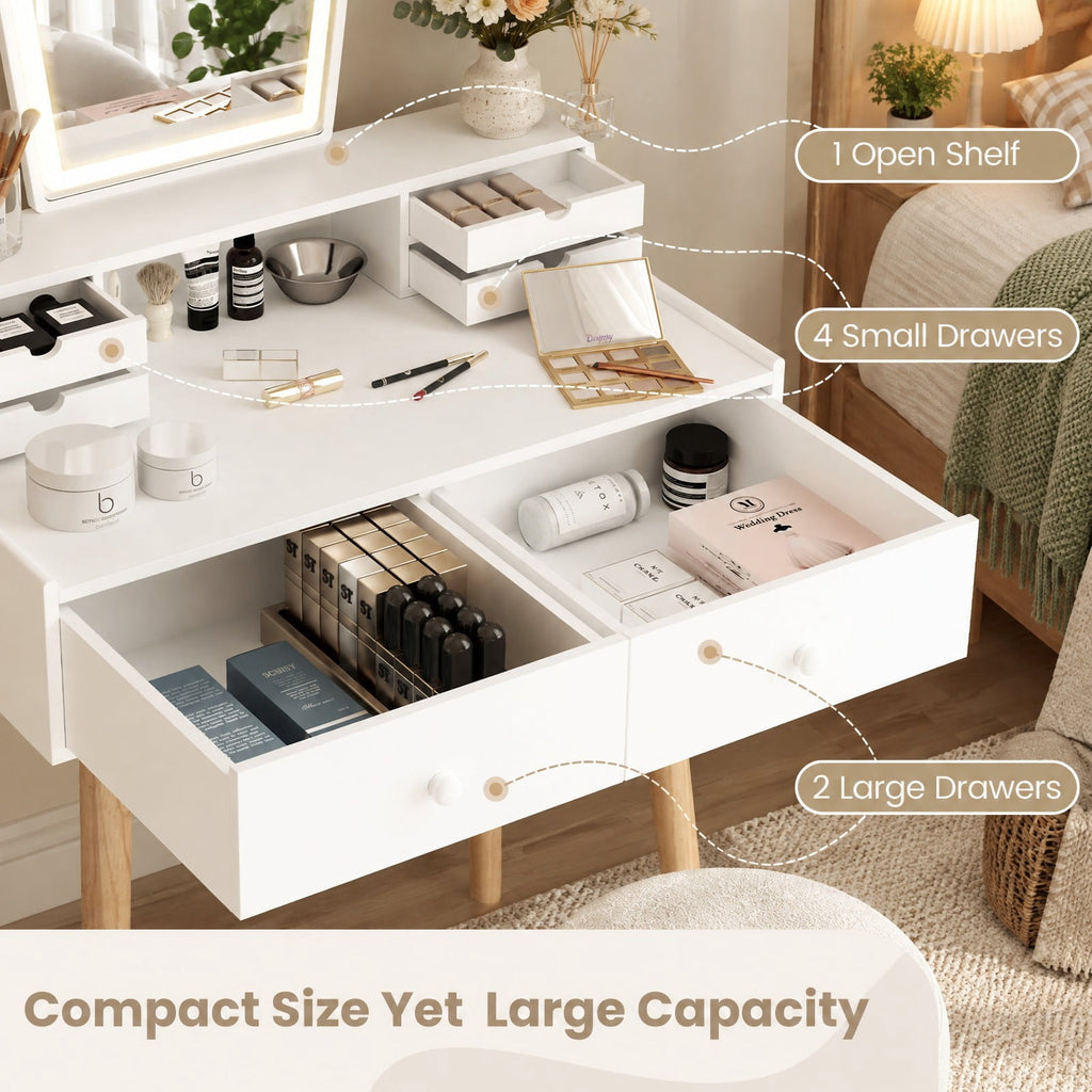 Airfind Vanity Desk Set with 3-Color Adjustable LED Lighted Mirror and Drawers, 110 lbs Capacity, P2 MDF Frame, 27in x 15.5in x 52in Footprint, White