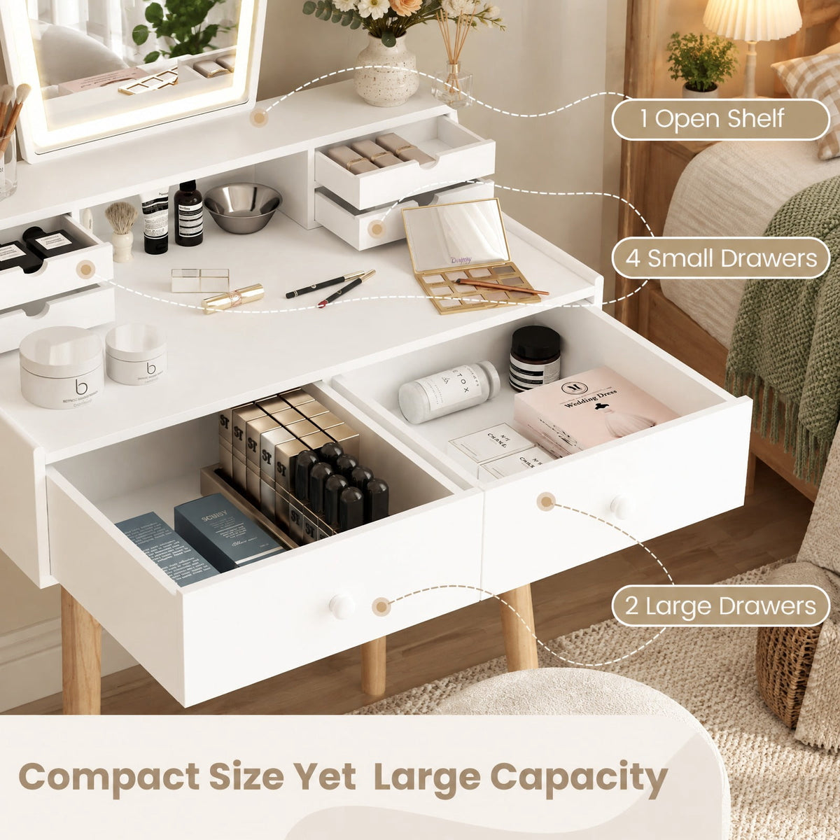 Airfind Vanity Desk Set with 3-Color Adjustable LED Lighted Mirror and Drawers, 110 lbs Capacity, P2 MDF Frame, 27in x 15.5in x 52in Footprint, White